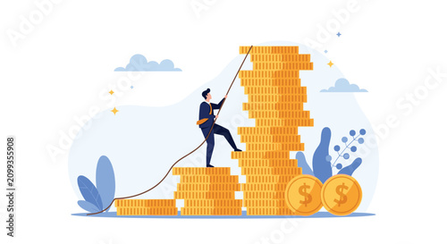Businessman uses a rope to climb a tall stack of gold coins representing financial success and career advancement.