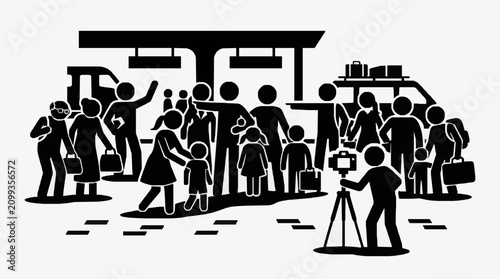 Quadro su tela Crowd of people at a bus stop with a photographer.