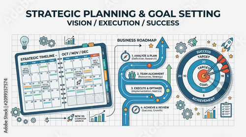A corporate flat design illustration for strategic planning, featuring a calendar, roadmap, and dartboard on a clean, grid-patterned paper background.
