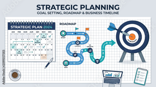 A corporate flat design illustration for strategic planning, featuring a calendar, roadmap, and dartboard on a clean, grid-patterned paper background.