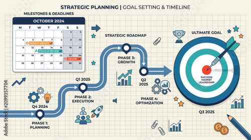 A corporate flat design illustration for strategic planning, featuring a calendar, roadmap, and dartboard on a clean, grid-patterned paper background.