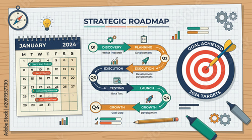 A corporate flat design illustration for strategic planning, featuring a calendar, roadmap, and dartboard on a clean, grid-patterned paper background.