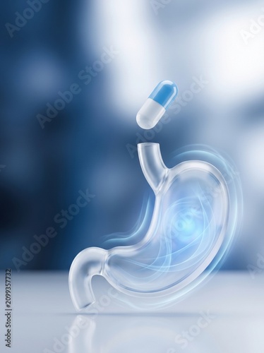 Medical Illustration of a Pill Entering a Transparent Human Stomach for Digestive Health