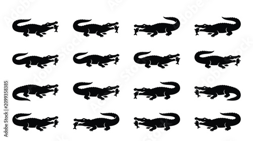 Foto Grid of sixteen black crocodile silhouettes holding fish in their mouths on a white background