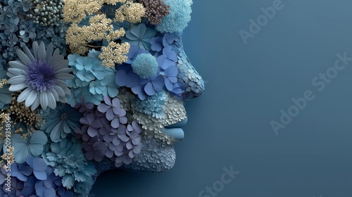 Nature and art intertwine in a stunning floral face sculpture against a serene blue backdrop