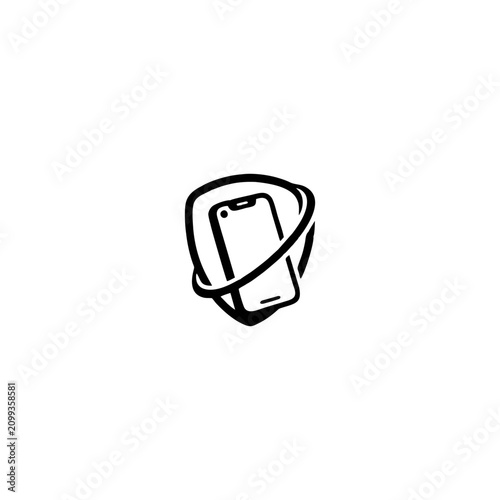 Minimalist vector graphic illustration of a smartphone inside a shield