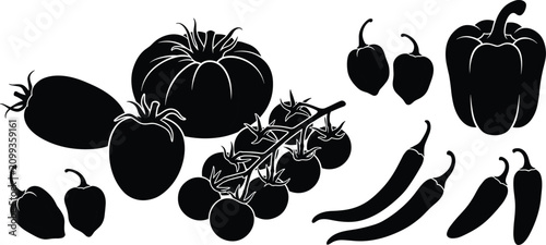 Tableau sur toile Collection of various vegetable silhouettes, including tomatoes, peppers, and ch