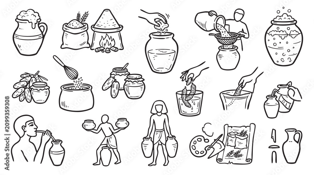 Fototapeta premium Hand drawn illustrations of ancient Egyptian daily life and food production.