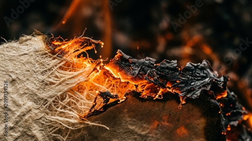Close-up of Burning Paper Fiber for Fire Safety and Material Testing. Detailed fiber combustion in high heat conditions.