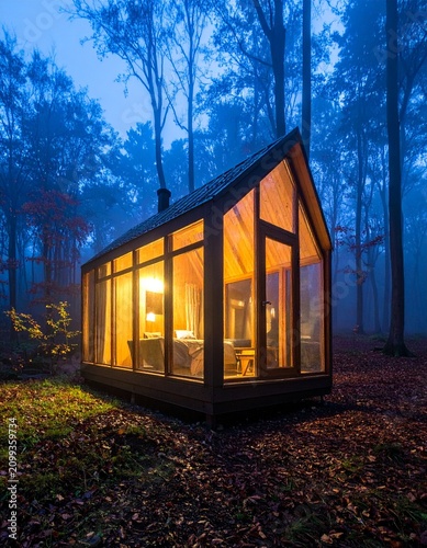 Enchanting Forest Cabin at Dusk: A cozy, modern cabin with large glass windows is illuminated from within, casting a warm glow in a misty, atmospheric forest at twilight.