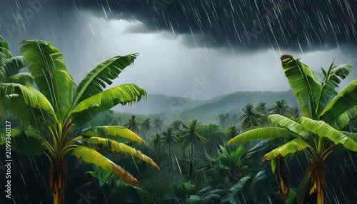 atmospheric painting of tropical banana trees during heavy rainfall under dark stormy clouds