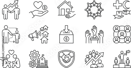 Community Support and Social Services Outline Icon Set with Charity Volunteer and Partnership Vector Collection