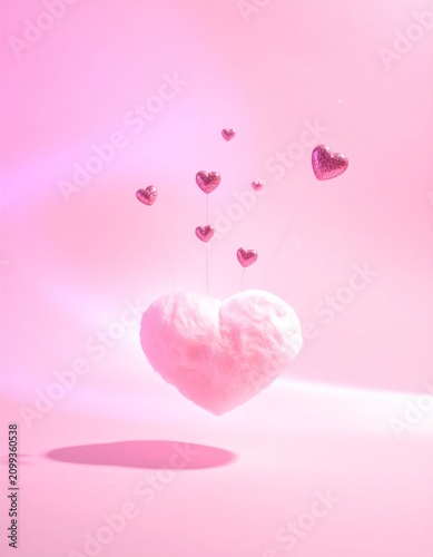 Fluffy Heart Floating: A soft, fluffy pink heart floats in the air, surrounded by smaller, metallic heart balloons, on a pastel pink background with gentle light flares.