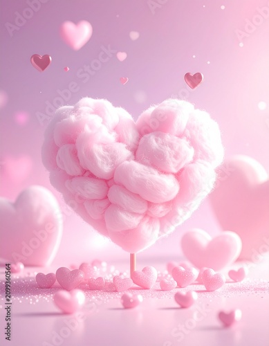 Sweet Heart Shape: A delicate pink heart-shaped candy floss centerpiece, surrounded by smaller heart shapes, on a soft, dreamy background, evoking feelings of love and sweetness.