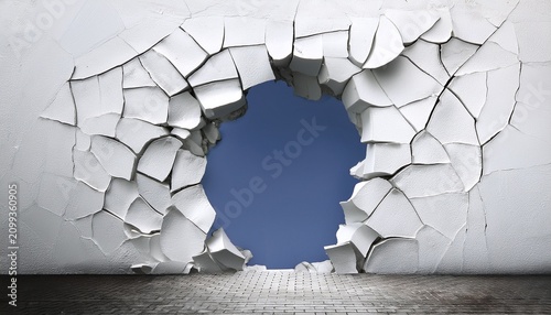 cracked white wall with large opening for creative design and background use