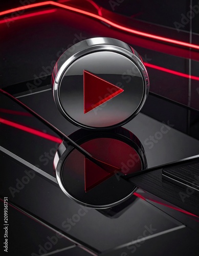 Glossy Play Button with Red Neon Accents: A metallic play button with a vibrant red triangle emblem is set against a sleek, reflective dark surface, illuminated by dynamic red neon lines.