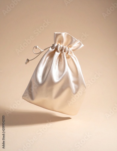 Elegant Satin Pouch: A delicate ivory satin drawstring pouch floats gracefully, exuding an aura of luxury and mystery. Its smooth texture and soft sheen hint at precious contents within.