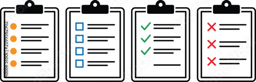 Checklist clipboard icon collection with task list checkbox completed and rejected status symbols in modern outline vector style for productivity management