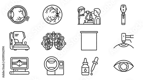 Obraz na plátně Eye Health Diagnostics Vector Icon Set Featuring Optometry Vision Testing Retina