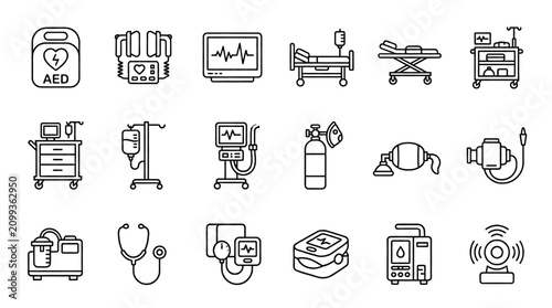 Konstfotografi Defibrillator and Hospital Bed Linear Vector Icon Set Featuring Cardiology Emerg
