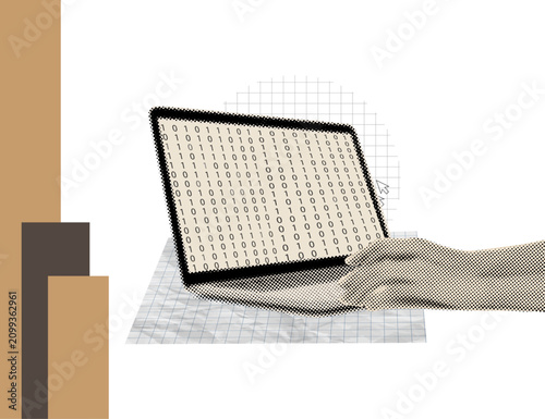 Trendy halftone collage of Digital Technology Concept with Hand typing on Laptop Displaying Binary Code Grid and Geometric Background Design