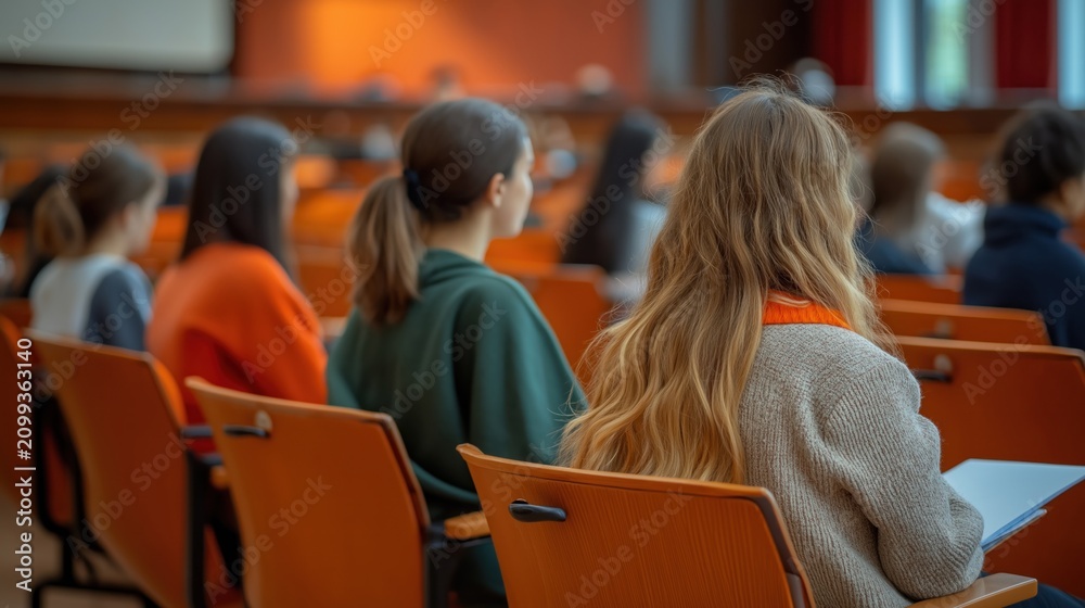 Fototapeta premium Students sitting in a lecture hall with blurred audience, orange seats, and a classroom setting during an academic lecture.