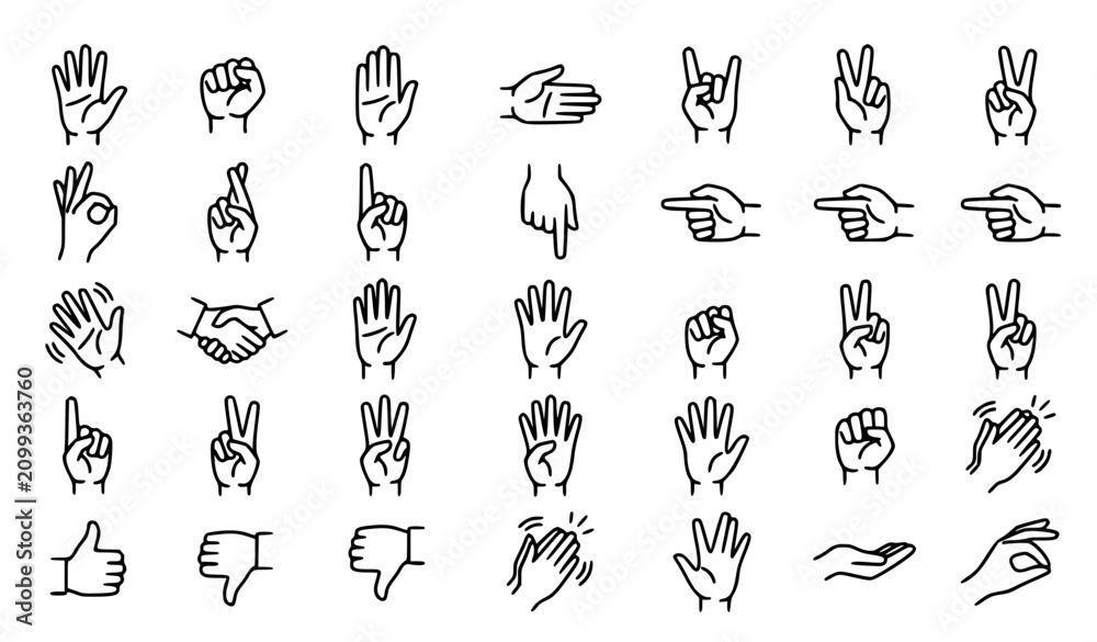 Fototapeta premium Black Outline Realistic Hand Gestures Vector Icon Set for Logo Design