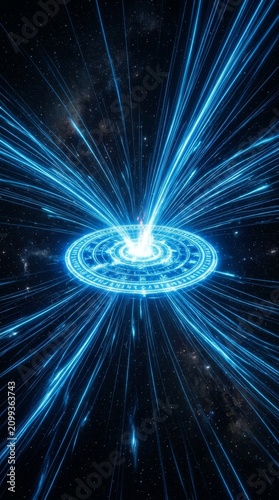 Futuristic blue energy vortex with digital sparks. Abstract sci-fi visualization for technology, innovation, and digital concepts.