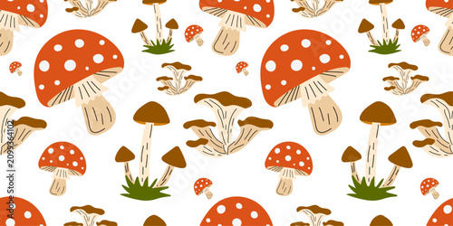 Canvastavla Fall Mushroom seamless pattern with forest fungi and woodland plants on white background