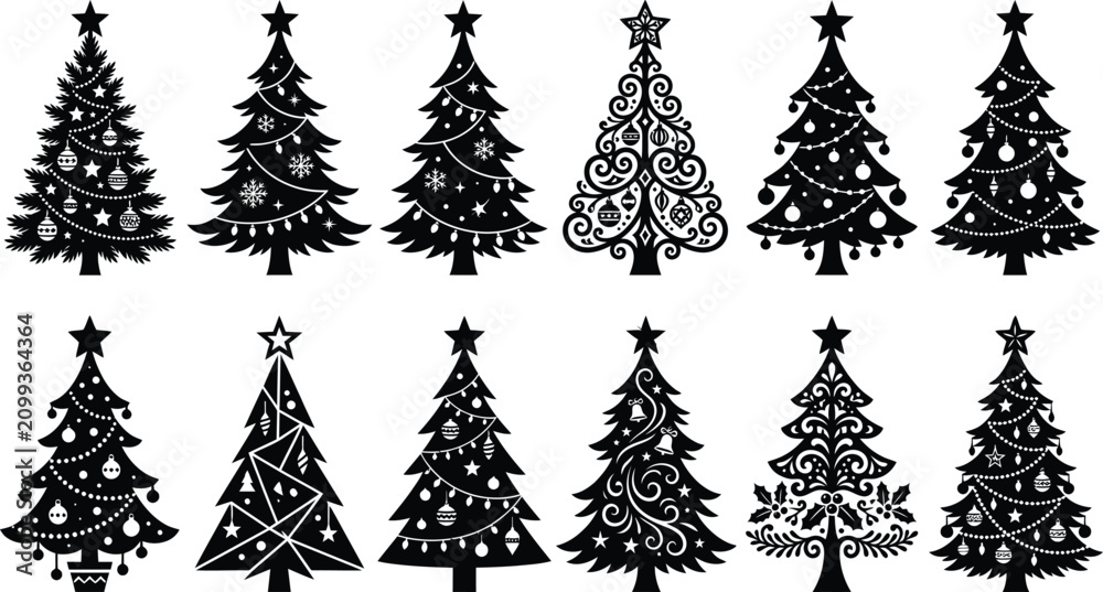 Obraz premium 12 Premium Christmas Tree Silhouette Collection, Elegant Festive Evergreen Vector Designs with Decorative Ornaments, Clean Isolated Black Icons, No Background Clutter, Christmas