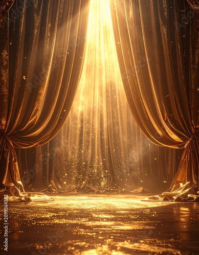 Golden Curtain Stage: A majestic golden curtain hangs draped, bathed in a dramatic spotlight, with shimmering particles falling onto a reflective floor.
