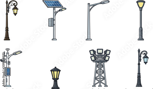 Foto Set of street lights and lamp posts vector illustration for urban and park city