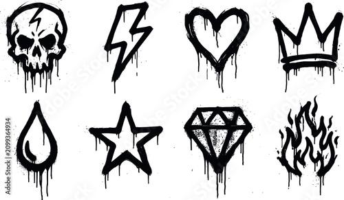 Obraz na płótnie Graffiti Style Spray Paint Vector Icon Set with Dripping Black Ink Skull, Heart,