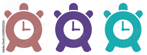 Foto Alarm clock icons set in pink purple and blue showing time for waking up or busi