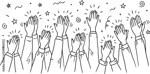 Fotografie Hand Drawn Crowd Clapping Hands Vector Illustration with Confetti, Stars, and Ap