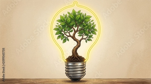 Green tree growing inside a light bulb. Eco friendly energy concept with glowing plant.