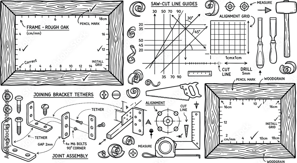Obraz premium Woodworking Carpentry Blueprint Illustration with Frame Diagram, Tools, and Joint Assembly Instructions