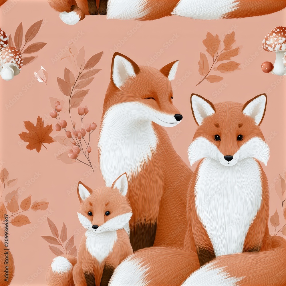 Fototapeta premium Sleeping fox family seamless pattern, cozy woodland theme, gentle wildlife decor, warm autumn mood, adorable nature illustration.