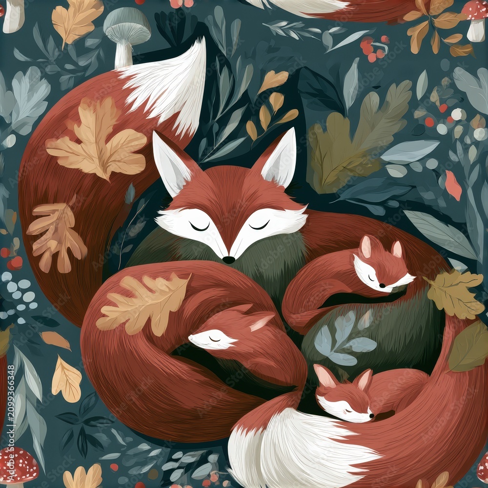Fototapeta premium Sleeping fox family seamless pattern, cozy woodland theme, gentle wildlife decor, warm autumn mood, adorable nature illustration.