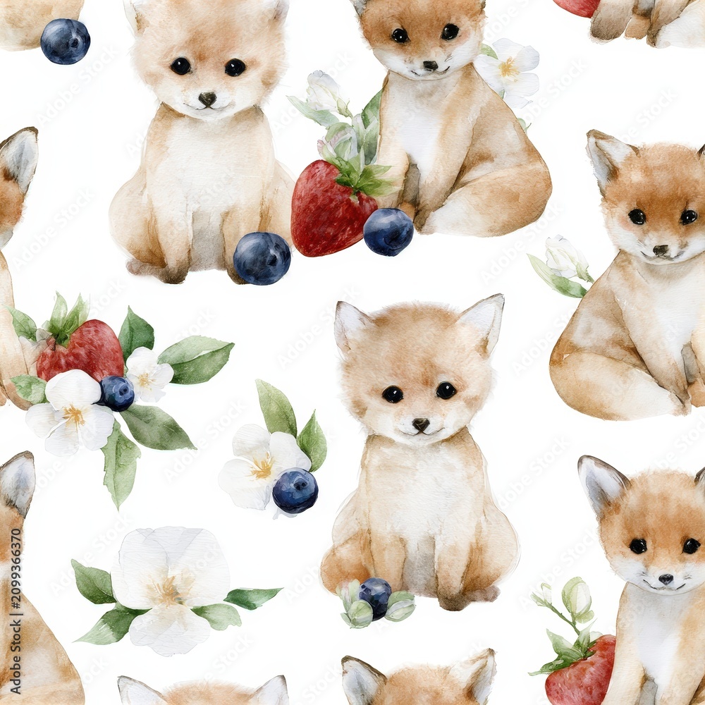 Fototapeta premium Foxes with berries and wildflowers seamless pattern, playful woodland theme, charming nature decor, whimsical illustration, cheerful design.