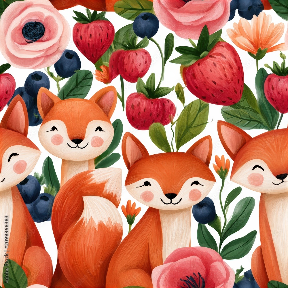 Fototapeta premium Foxes with berries and wildflowers seamless pattern, playful woodland theme, charming nature decor, whimsical illustration, cheerful design.