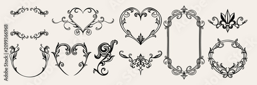 Hand drawn gothic vintage frame set with borders,  heart frames and gothic arch. Elegant medieval vector collection.
