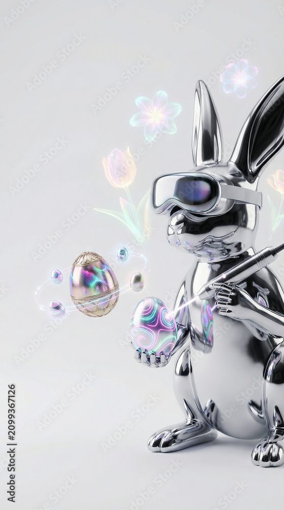 Fototapeta premium Chrome rabbit in VR headset creating glowing eggs