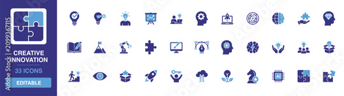 Modern glyph representations of creative thinking, machine learning, business innovation, technology startup strategies, and brain processing for educational presentations and software applications.