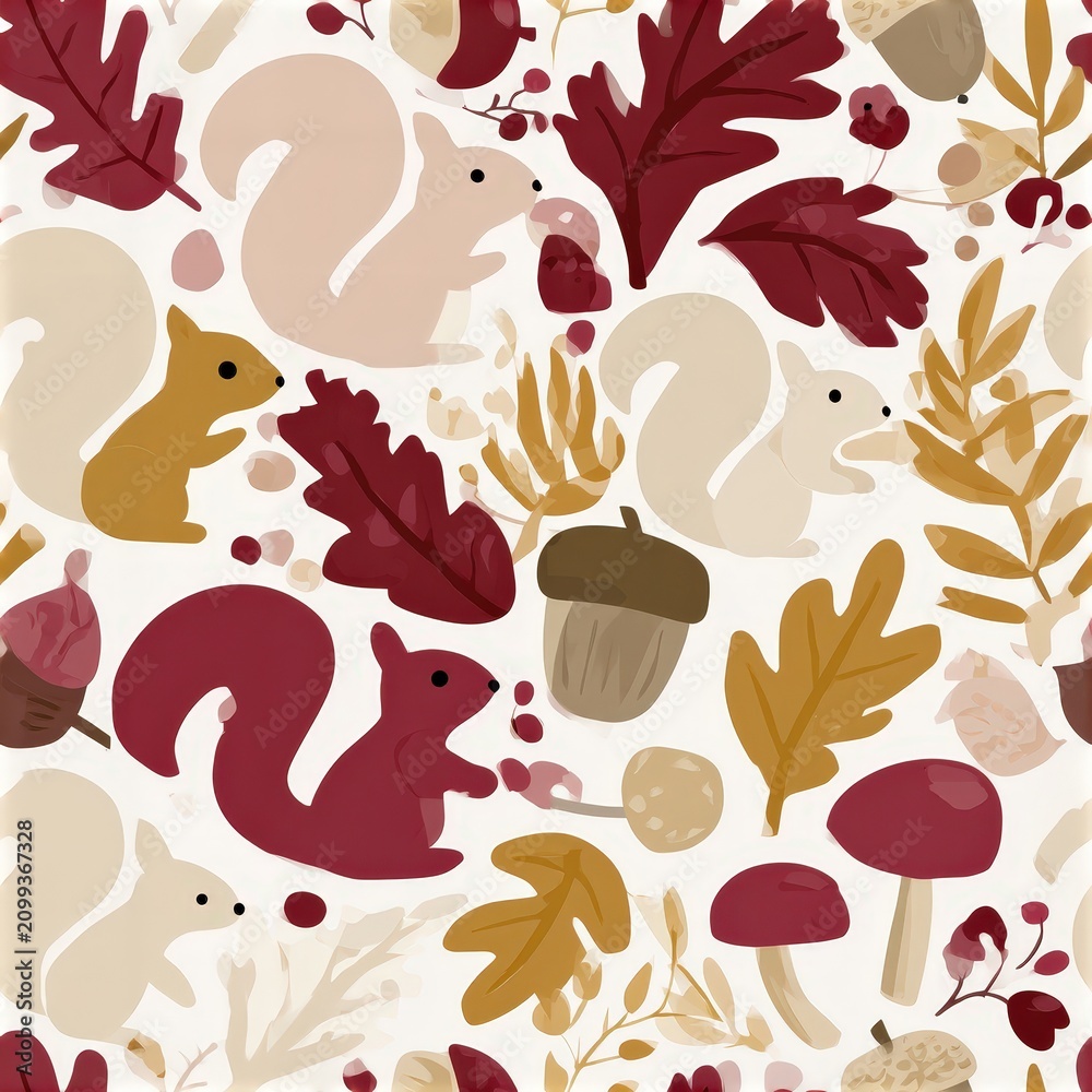 Fototapeta premium Cute squirrel seamless pattern with acorns and leaves, woodland autumn theme, playful nursery decor, charming wildlife illustration.