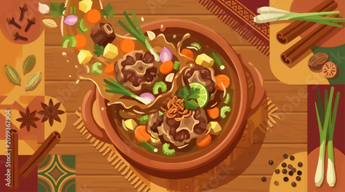 Canvastavla Dynamic Overhead Shot of Oxtail Soup Ingredients Splashing into a Rustic Bowl on