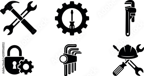 Foto Industrial Construction and Mechanical Repair Silhouette Icon Set with Wrench, H
