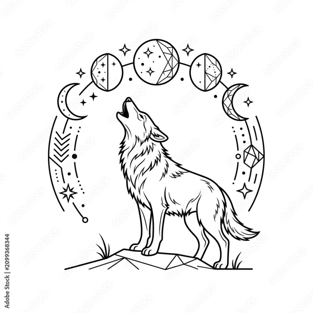 Obraz premium Howling wolf under celestial moon and stars illustration.