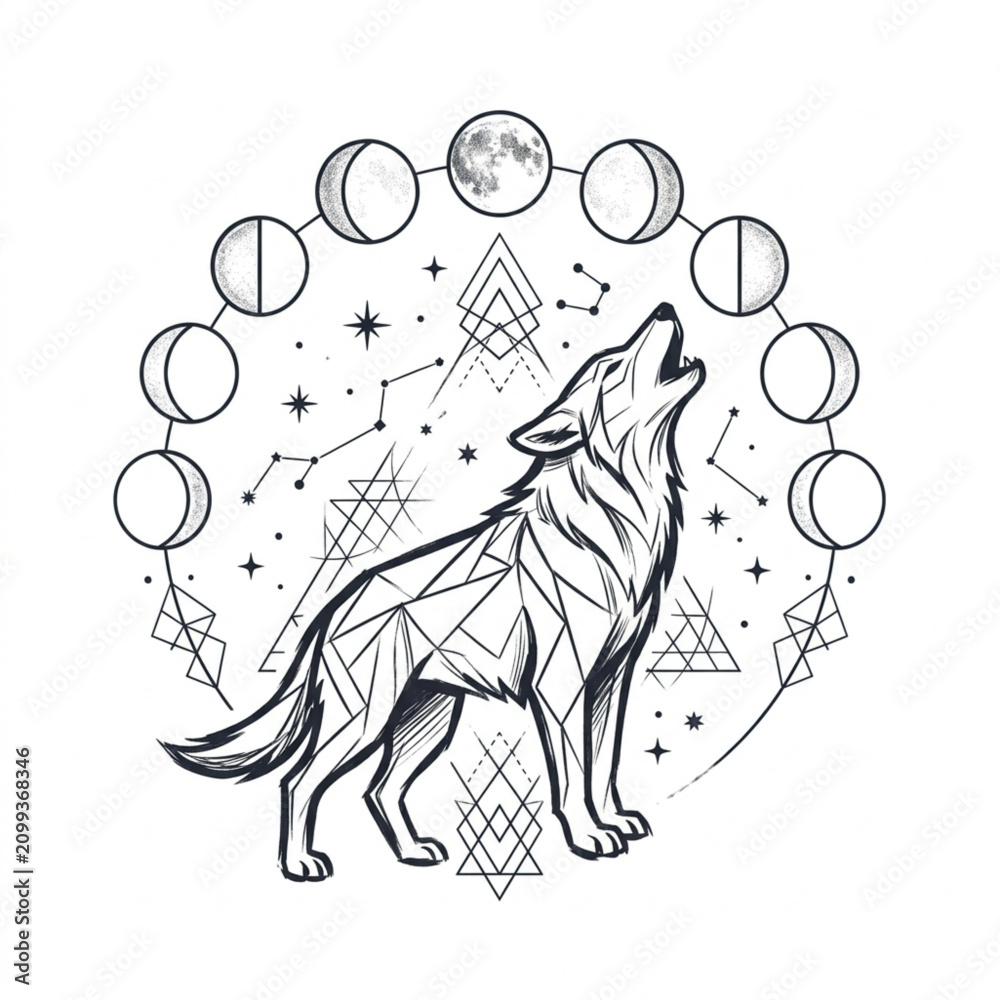 Fototapeta premium Howling wolf surrounded by moons and stars illustration.
