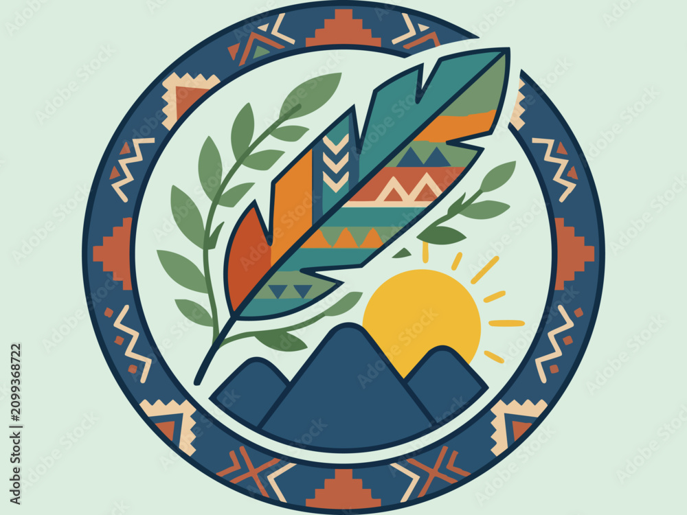 Fototapeta premium Tribal ethnic illustration of a patterned feather with mountain peaks and rising sun inside a circular geometric border